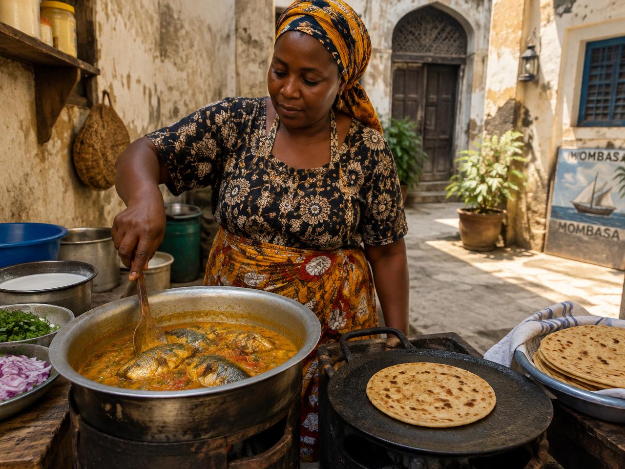 Swahili cook preparing coconut fish curry