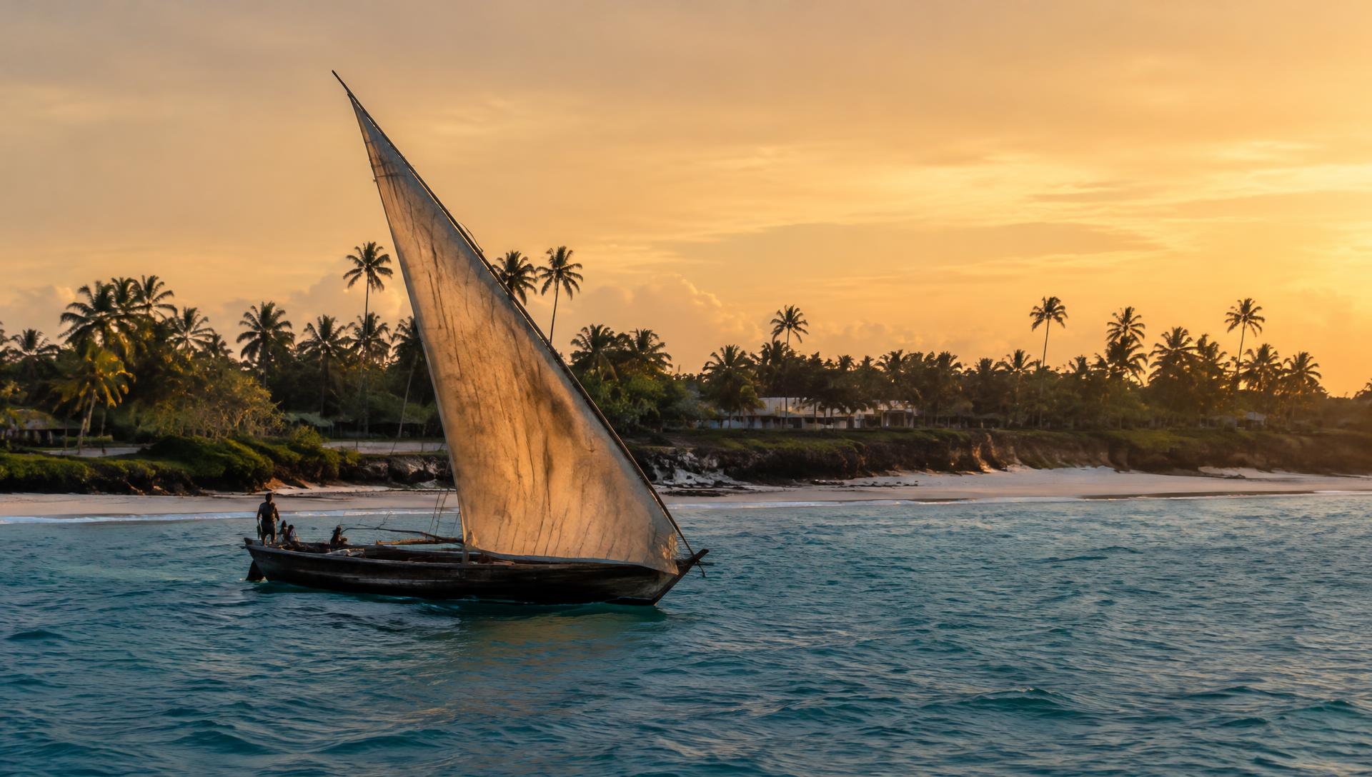 Traditional dhow sailing at sunset off the Kenyan coast